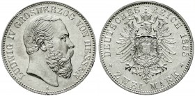 Reichssilbermünzen J. 19-178, Hessen, Ludwig IV., 1877-1892
2 Mark 1888 A. prägefrisch/fast Stempelglanz, winz. Randfehler, selten in dieser Erhaltun...