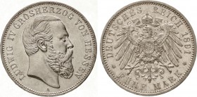 Reichssilbermünzen J. 19-178, Hessen, Ludwig IV., 1877-1892
5 Mark 1891 A. fast vorzüglich, kl. Randfehler