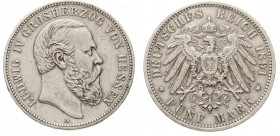 Reichssilbermünzen J. 19-178, Hessen, Ludwig IV., 1877-1892
5 Mark 1891 A. sehr schön, kl. Kratzer und Randfehler