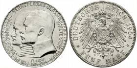 Reichssilbermünzen J. 19-178, Hessen, Ernst Ludwig, 1892-1918
5 Mark 1904. Zum 400. Geburtstag.
fast Stempelglanz