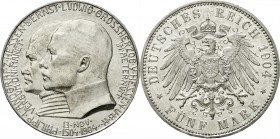 Reichssilbermünzen J. 19-178, Hessen, Ernst Ludwig, 1892-1918
5 Mark 1904. Zum 400. Geburtstag.
fast Stempelglanz/EA