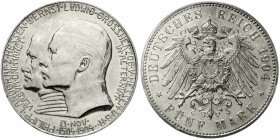 Reichssilbermünzen J. 19-178, Hessen, Ernst Ludwig, 1892-1918
5 Mark 1904. Zum 400. Geburtstag.
sehr schön/vorzüglich, berieben