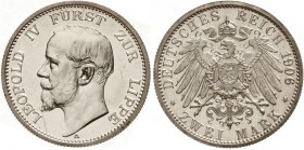 Reichssilbermünzen J. 19-178, Lippe, Leopold IV., 1904-1918
2 Mark 1906 A. Polierte Platte, Kratzer