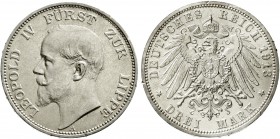 Reichssilbermünzen J. 19-178, Lippe, Leopold IV., 1904-1918
3 Mark 1913 A. vorzüglich/Stempelglanz, winz. Randfehler