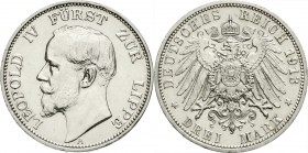 Reichssilbermünzen J. 19-178, Lippe, Leopold IV., 1904-1918
3 Mark 1913 A. gutes vorzüglich, etwas berieben
