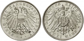Reichssilbermünzen J. 19-178, Lübeck
2 Mark 1904 A. vorzüglich/Stempelglanz, winz. Fleck