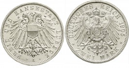 Reichssilbermünzen J. 19-178, Lübeck
2 Mark 1905 A. Stempelglanz, Prachtexemplar