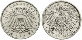 Reichssilbermünzen J. 19-178, Lübeck
2 Mark 1905 A. gutes vorzüglich, Prägefehler am Rand