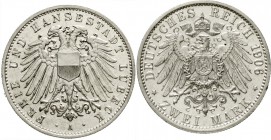 Reichssilbermünzen J. 19-178, Lübeck
2 Mark 1906 A. vorzüglich/Stempelglanz, kl. Randfehler