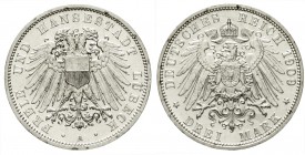 Reichssilbermünzen J. 19-178, Lübeck
3 Mark 1909 A. fast Stempelglanz, winz. Randfehler