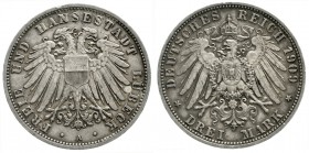 Reichssilbermünzen J. 19-178, Lübeck
3 Mark 1909 A. gutes vorzüglich, winz. Randfehler, schöne Patina