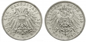 Reichssilbermünzen J. 19-178, Lübeck
3 Mark 1910 A. vorzüglich/Stempelglanz