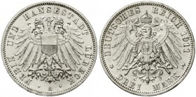 Reichssilbermünzen J. 19-178, Lübeck
3 Mark 1911 A. fast Stempelglanz