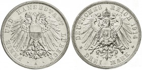 Reichssilbermünzen J. 19-178, Lübeck
3 Mark 1914 A. vorzüglich/Stempelglanz, aus EA, selten
