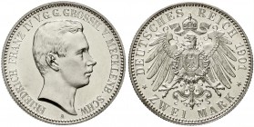 Reichssilbermünzen J. 19-178, Mecklenburg/-Schwerin, Friedrich Franz IV., 1897-1918
2 Mark 1901 A Auflage 1000 Ex.
Polierte Platte, leicht berührt, ...