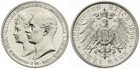 Reichssilbermünzen J. 19-178, Mecklenburg/-Schwerin, Friedrich Franz IV., 1897-1918
2 Mark 1904 A. Zur Hochzeit.
Polierte Platte, leicht berührt