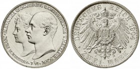 Reichssilbermünzen J. 19-178, Mecklenburg/-Schwerin, Friedrich Franz IV., 1897-1918
2 Mark 1904 A. Zur Hochzeit.
fast Stempelglanz, Prachtexemplar