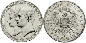 Reichssilbermünzen J. 19-178, Mecklenburg/-Schwerin, Friedrich Franz IV., 1897-1918
5 Mark 1904 A. Zur Hochzeit.
vorzüglich/Stempelglanz aus EA, win...