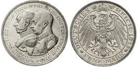 Reichssilbermünzen J. 19-178, Mecklenburg/-Schwerin, Friedrich Franz IV., 1897-1918
5 Mark 1915 A. 100 Jahrfeier.
Polierte Platte, kl. Randfehler