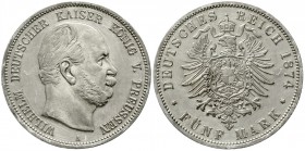 Reichssilbermünzen J. 19-178, Preußen, Wilhelm I., 1861-1888
5 Mark 1874 A. Felder bearbeitet, optisch vorzüglich