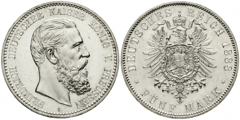 Reichssilbermünzen J. 19-178, Preußen, Friedrich III., 1888
5 Mark 1888 A. vorz...