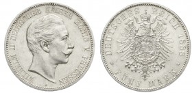 Reichssilbermünzen J. 19-178, Preußen, Wilhelm II., 1888-1918
5 Mark 1888 A. vorzüglich/Stempelglanz, kl. Randfehler, kl. Kratzer