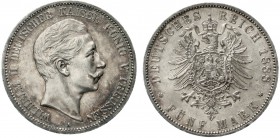 Reichssilbermünzen J. 19-178, Preußen, Wilhelm II., 1888-1918
5 Mark 1888 A. vorzüglich/Stempelglanz, schöne Tönung