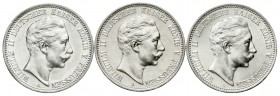Reichssilbermünzen J. 19-178, Preußen, Wilhelm II., 1888-1918
3 X 2 Mark: 1904, 1908 und 1912. alle vorzüglich/Stempelglanz