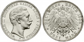 Reichssilbermünzen J. 19-178, Preußen, Wilhelm II., 1888-1918
3 Mark 1908 A. Erstabschlag, nur min. berührt, Prachtexemplar