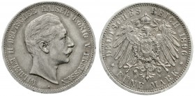 Reichssilbermünzen J. 19-178, Preußen, Wilhelm II., 1888-1918
5 Mark 1896 A. Seltener Jahrgang.
sehr schön, kl. Randfehler, selten