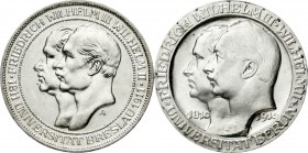 Reichssilbermünzen J. 19-178, Preußen, Wilhelm II., 1888-1918
2 Stück: 3 Mark 1910 A. Uni Berlin und 1911 A. Uni Breslau. beide vorzüglich/Stempelgla...
