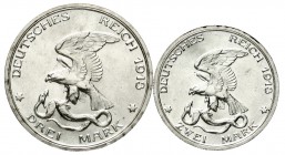 Reichssilbermünzen J. 19-178, Preußen, Wilhelm II., 1888-1918
2 und 3 Mark 1913, Befreiungskampf.
beide prägefrisch