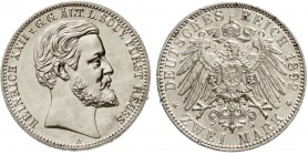 Reichssilbermünzen J. 19-178, Reuß, ältere Linie, Heinrich XXII., 1867-1902
2 Mark 1892 A. Zum 25 jähr. (Regierungsjubiläum).
vorzüglich, Fassungssp...