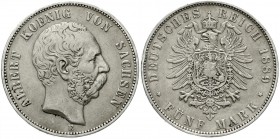 Reichssilbermünzen J. 19-178, Sachsen, Albert, 1873-1902
5 Mark 1889 E. Seltener Jahrgang.
sehr schön, Randfehler