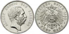 Reichssilbermünzen J. 19-178, Sachsen, Albert, 1873-1902
5 Mark 1899 E. prägefrisch/fast Stempelglanz, selten in dieser Erhaltung