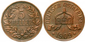 Kolonien und Nebengebiete, Deutsch Ostafrika
5 Heller 1909 J. Größte deutsche Kupfermünze.
sehr schön/vorzüglich, kl. Randfehler