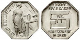Notmünzen/Wertmarken; Städte, Gemeinden, Firmen, Bielefeld
Silberabschlag vom 5 Pfennig-Stück 1917. 18,4 mm. (Abschlag vom Alu-Stempel), 2,71 g. Mit ...