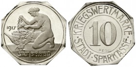 Notmünzen/Wertmarken; Städte, Gemeinden, Firmen, Bielefeld
Silberabschlag vom 10 Pfennig-Stück 1917. 3,41 g.
Polierte Platte, äußerst selten