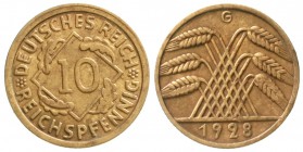 Weimarer Republik, Kursmünzen, 10 Reichspfennig, messingfarben 1924-1936
1928 G sehr schön, selten