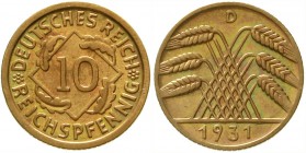 Weimarer Republik, Kursmünzen, 10 Reichspfennig, messingfarben 1924-1936
1931 D. vorzüglich/Stempelglanz, schöne Tönung