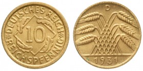 Weimarer Republik, Kursmünzen, 10 Reichspfennig, messingfarben 1924-1936
1931 D. Stempelglanz