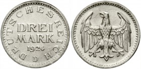 Weimarer Republik, Kursmünzen, 3 Mark, Silber 1924-1925
3 Reichsmark 1924 D. Stempelglanz, selten in dieser Erhaltung