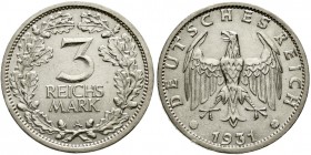 Weimarer Republik, Kursmünzen, 3 Reichsmark, Silber 1931-1933
1931 A. vorzüglich