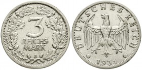 Weimarer Republik, Kursmünzen, 3 Reichsmark, Silber 1931-1933
1931 E. sehr schön