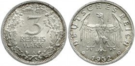 Weimarer Republik, Kursmünzen, 3 Reichsmark, Silber 1931-1933
1932 A. fast Stempelglanz, Prachtexemplar