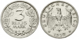 Weimarer Republik, Kursmünzen, 3 Reichsmark, Silber 1931-1933
1932 G. sehr schön, kl. Kratzer, selten