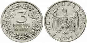 Weimarer Republik, Kursmünzen, 3 Reichsmark, Silber 1931-1933
1932 J. vorzüglich/Stempelglanz