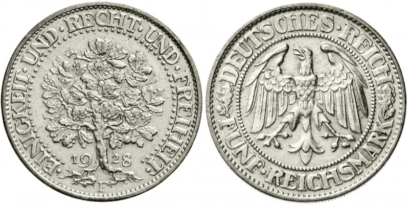 Weimarer Republik, Kursmünzen, 5 Reichsmark Eichbaum Silber 1927-1933
1928 F. v...