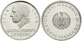Weimarer Republik, Gedenkmünzen, 5 Reichsmark Lessing
1929 E. Polierte Platte, nur min. berührt, selten