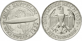 Weimarer Republik, Gedenkmünzen, 3 Reichsmark Zeppelin
1930 A. vorzüglich/Stempelglanz